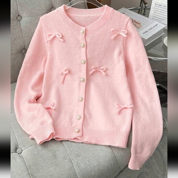 SolidColor Round Neck Knitted Cardigan With Bow Decor,Pink Top Elegant Outerwear - Picture 1 of 4